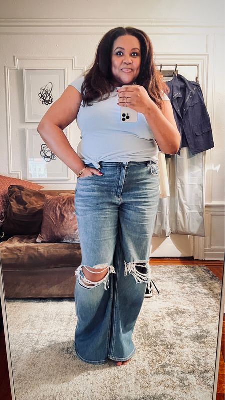 I may be living in these American Eagle jeans this summer. Super comfy. 

Jeans size 18, runs small. Tee size small, TTS 

Distressed denim, high waisted jeans, ripped jeans, size inclusive, universal standard, blue t-shirt 

#LTKcurves #LTKstyletip #LTKunder100