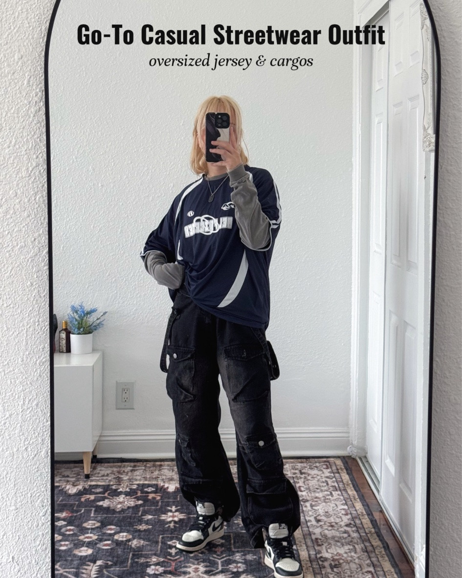 hiii! here’s an easy, comfortable, & cool outfit formula for my streetwear baddies.  here is everything you need! - an oversized long sleeve shirt  - an oversized jersey - baggy denim cargo pants or any super baggy style of jeans - streetwear sneakers like nike jordans or similar  - optional: some chain jewelry (i highly recommend vitaly!) #casualstyle #styleinspo #streetwear

#LTKootd