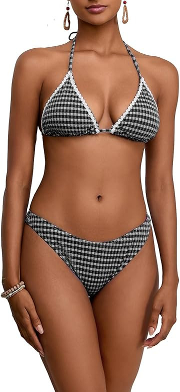 Women Triangle Bikini Set Sexy Halter Plaid Swimsuits 2 Piece Cheeky High Cut Bathing Suit | Amazon (US)