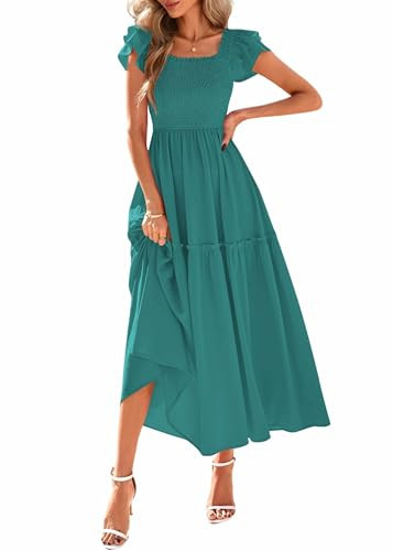 KIRUNDO Smocked Summer Dresses for Women 2026 Wedding Guest Midi Flowy Ruffle Short Sleeve Square Neck Tiered Sundress(Blue Green, Medium) | Amazon (US)
