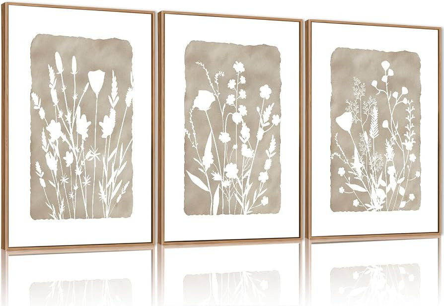 FWIEXA Neutral Botanical Canvas Wall Art Set 3, Minimalist Boho Wildflowr Framed Prints, Beige Fl... | Amazon (US)