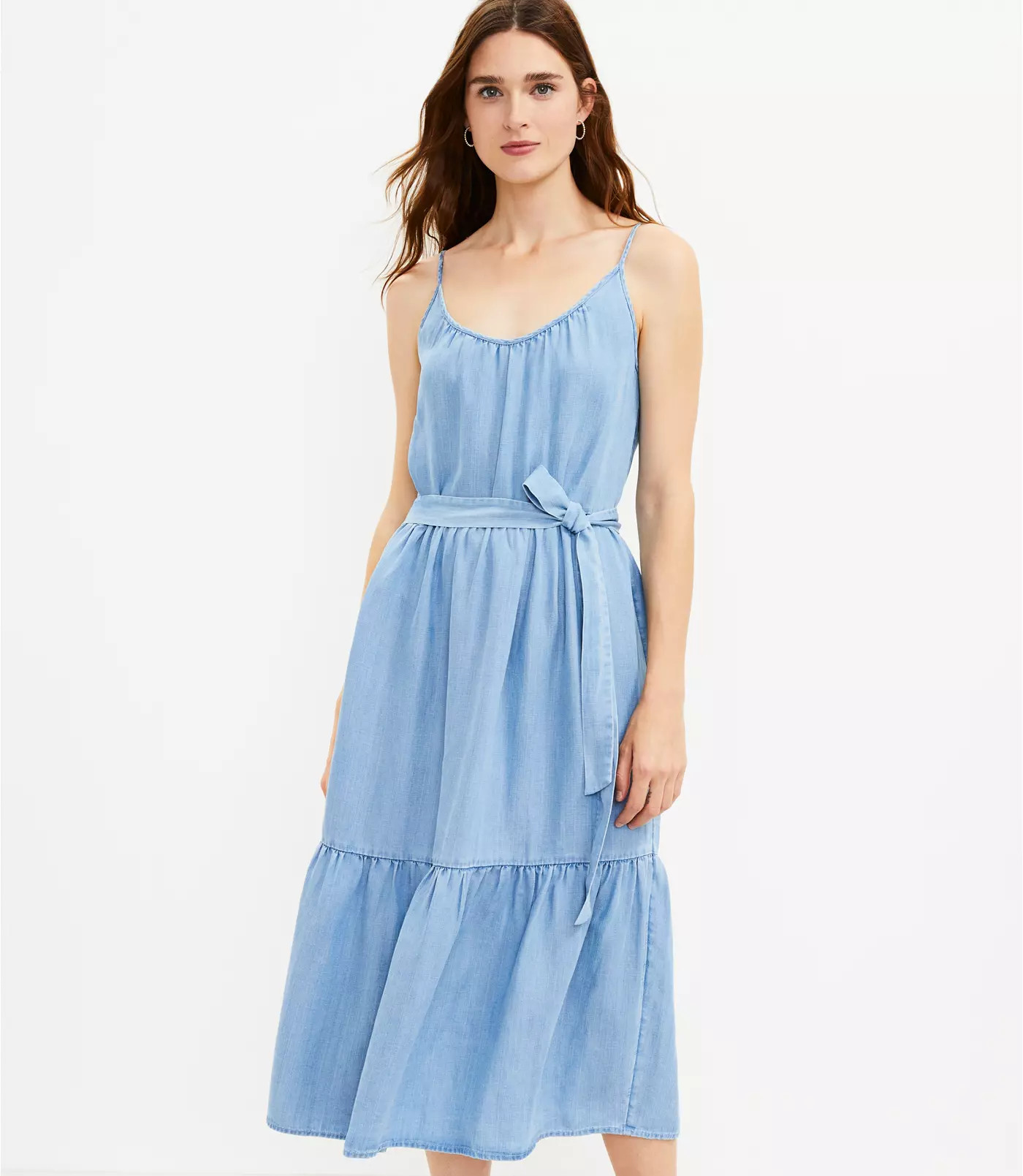 Petite Chambray Strappy Tiered Midi Dress | LOFT