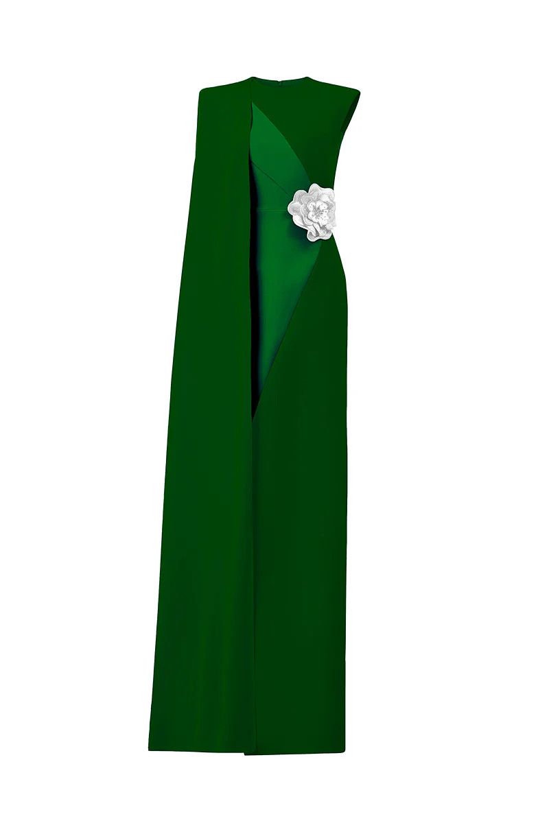GREEN COLUMN GOWN WITH ATTACHED ONE SHOULDER LONG CAPE | IHF | CULT MIA | CULT MIA UK LTD