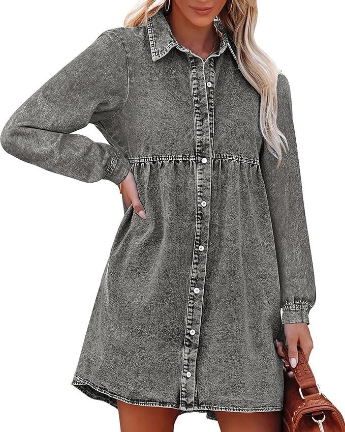 luvamia Denim Dress for Women Babydoll Flowy Cute Jean Shirt Dresses Long Sleeves | Amazon (US)