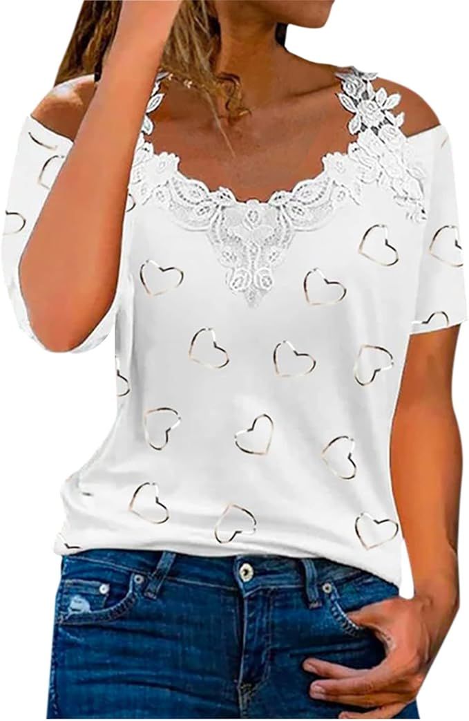 Summer Fashion for Women 2023, Cold Shoulder Butterfly Print Tops Lace Print Blouse Shirts Casual... | Amazon (US)