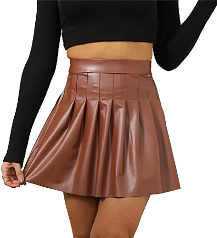 Kiench Women's Mini Pleated Skirts High Waist PU Leather Short Skater Skirts | Amazon (US)