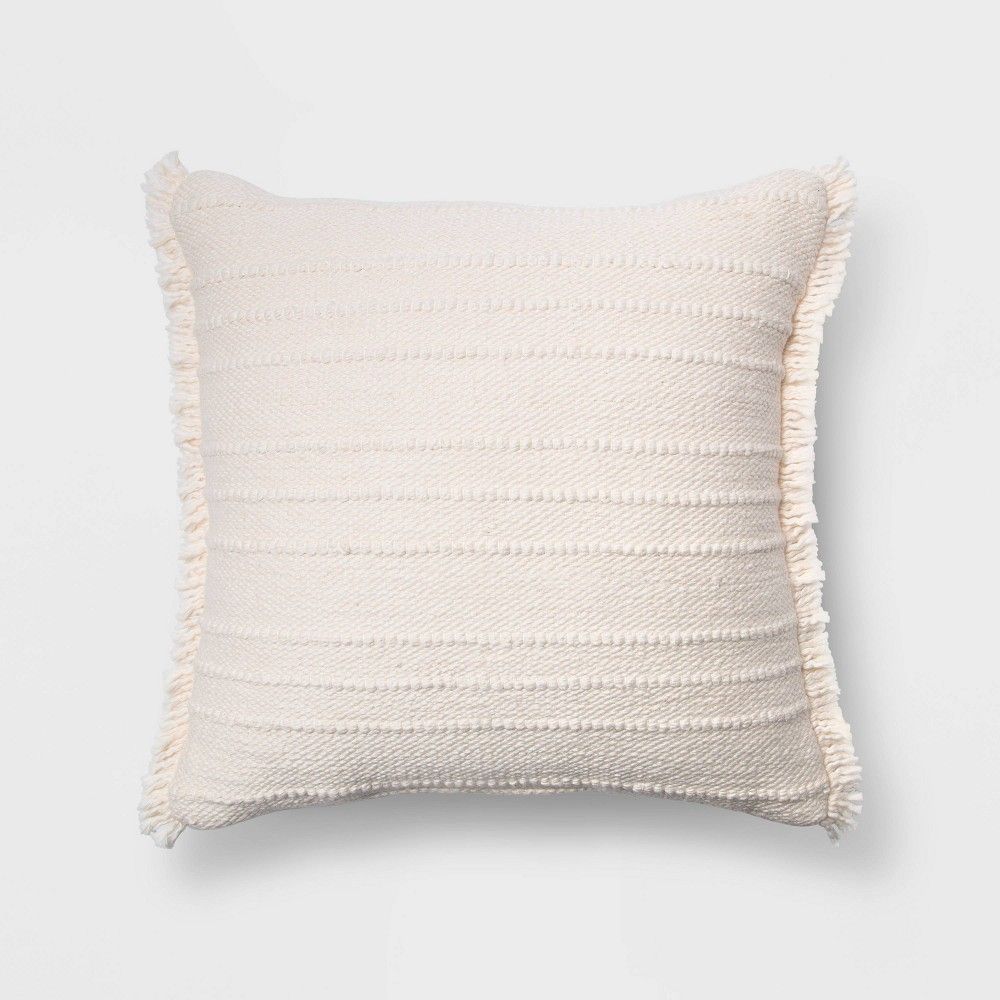 Oversized Cotton Textured Striped Square Throw Pillow with Fringe Cream - Threshold | Target