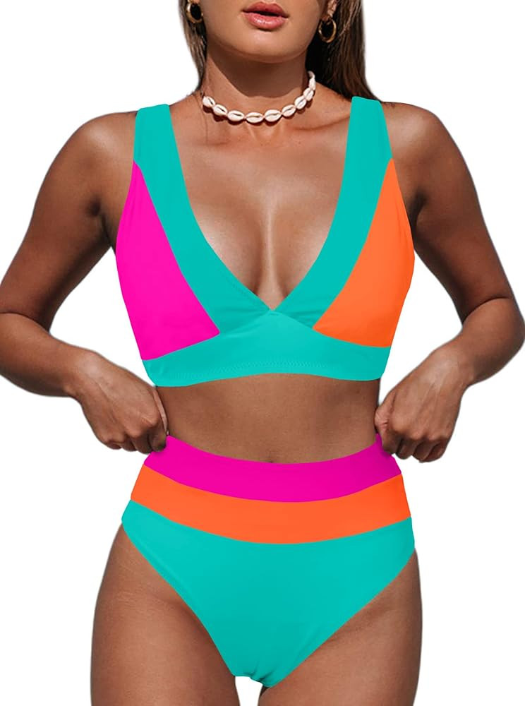 Hilinker Women's Leopard Bikini Swimsuits V Neck High Waisted 2 Piece Bathing Suits | Amazon (US)