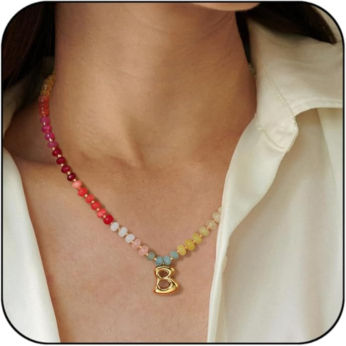 Badu Initial A-Z Colorful Beaded Gemstone Necklaces for Women 14K Gold Letter Pendant Necklace Na... | Amazon (US)