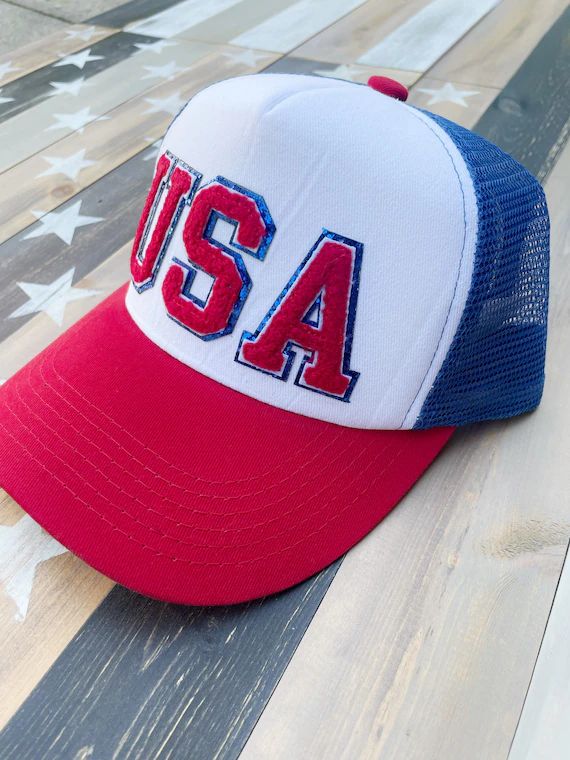 USA Patriotic Trucker Hat Mesh Baseball Hat Blue Glitter Red | Etsy | Etsy (US)