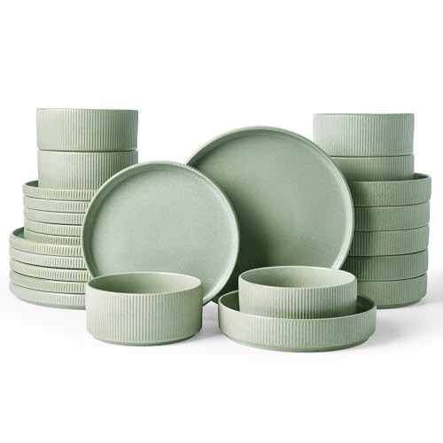 Famiware Star Dinnerware Set with Pasta Bowls, Service for 6 (24 Pieces), Ribbed Stoneware Plates and Double Bowls Sets - Chip & Scratch Resistant, Microwave & Dishwasher Safe Dishes, Matte Sage Green | Amazon (US)