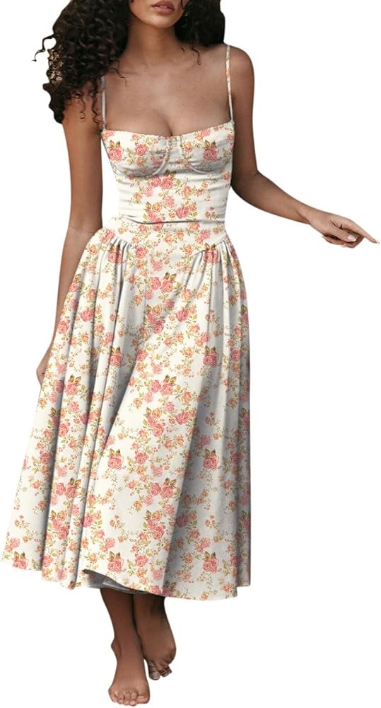 Womens Corset Dress Elegant Spaghetti Strap Bustier Midi Dress Low Cut Flowy Pleated Hem Formal D... | Amazon (US)