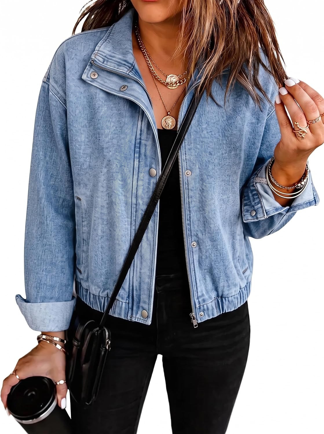 Dokotoo Womens Cropped Jean Jacket Zip Up Oversized Denim Jacket | Amazon (US)