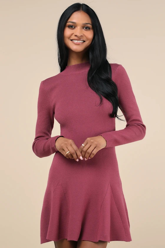 Adorable Intentions Mauve Mock Neck A-Line Mini Sweater Dress | Lulus