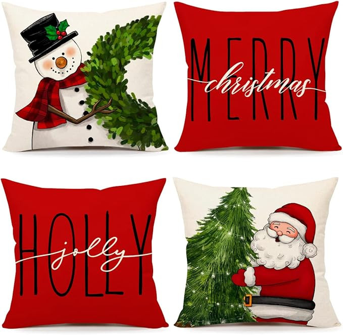 Red Christmas Pillow Covers 18x18 Set of 4 - Farmhouse Decorations With Snowman, Wreath, Santa Cl... | Amazon (US)