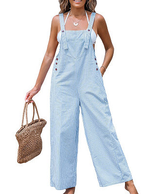 Women's Blue Striped Square Neck Straight Leg Overalls | Macy's