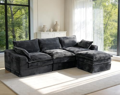 113" Cloud Sectional Couch,Deep Seat Boneless Couch Modular Sectional Sofa, Oversized L-Shape Boneless Cloud Couch with Side Pockets,Upholstered Comfy Sectional Couch for Living Room, Corduroy,Black | Amazon (US)
