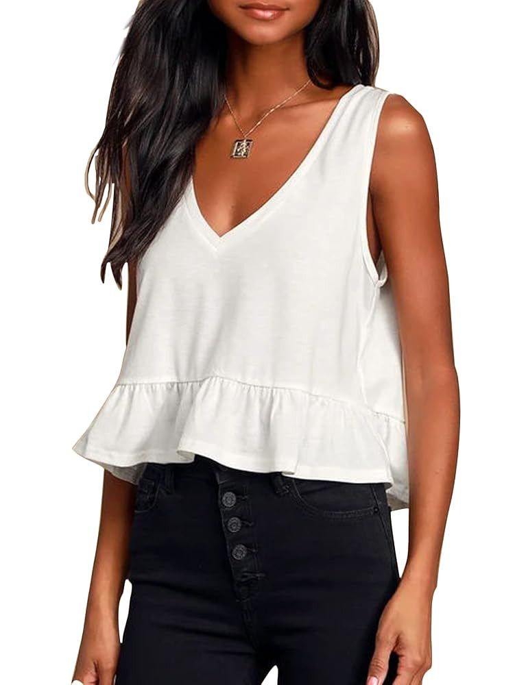 LYANER Women's Casual V Neck Peplum Ruffle Hem Sleeveless Babydoll Tank Top | Amazon (US)
