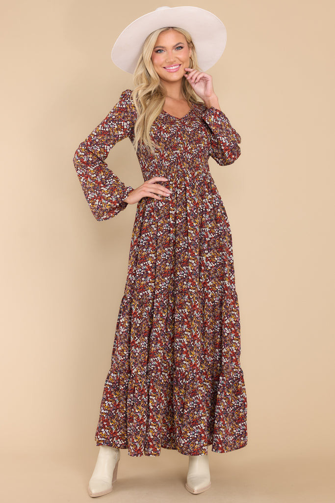 Impressive Legacy Dark Wine Floral Print Maxi Dress | Red Dress 