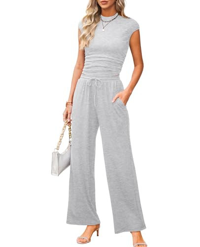 XIEERDUO Two Piece Lounge Sets for Women Summer Cruise Travel Airport Outfits Matching Sets Women Clothing Resort Wear 2025 Mock Neck Cap Sleeve Tops Wide Leg Pants Beach Vacation Clothes Grey XS | Amazon (US)