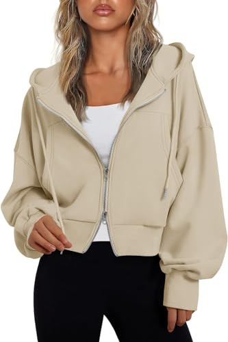 Fisoew Women 's Hoodies Zip Up Cropped Sweatshirts Casual Long Sleeve Hooded Two Way Zipper Coats with Pockets Khaki | Amazon (US)