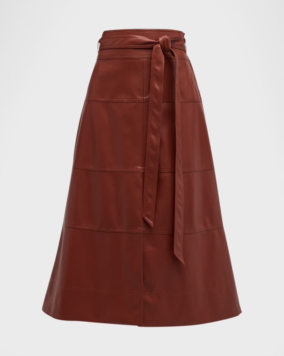 Tanya Taylor Hudson Faux Leather Belted Tiered Seam Midi Skirt | Neiman Marcus