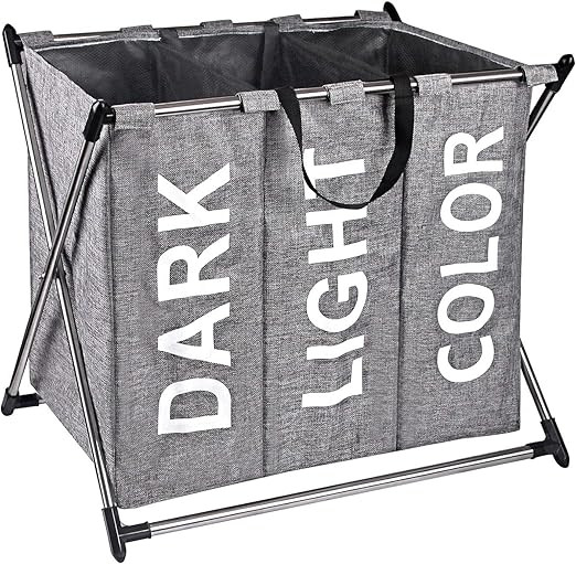 X-cosrack Laundry Hamper Sorter - Stainless Steel X-Frame Basket with 3 Section, Thick Cotton & L... | Amazon (US)