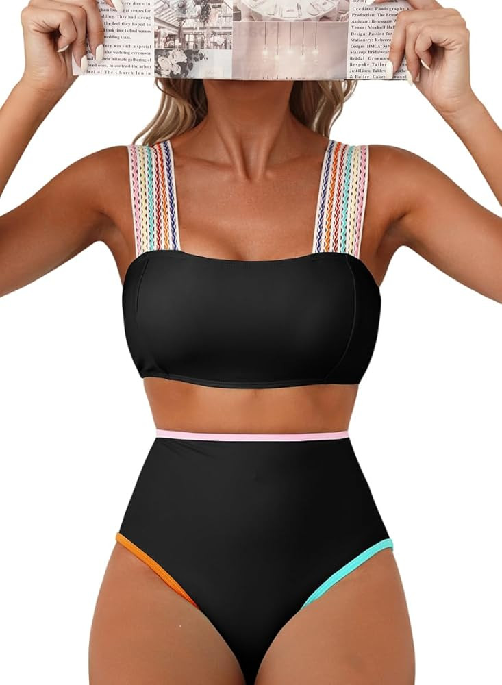 Herseas Women's Bikini Sets Colorblock Wide Strap 2 Piece Swimsuits High Waisted Square Neck Bath... | Amazon (US)