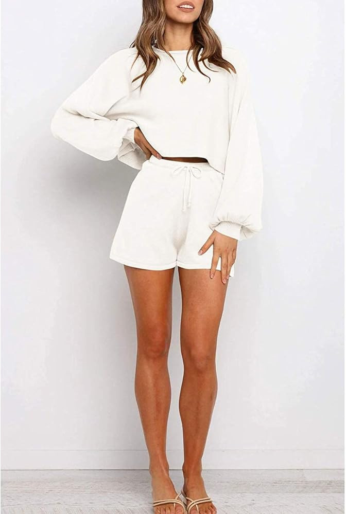 SYZRI Women's 2 Piece Knit Outfits Puff Sleeve Crop Top Shorts Set Sweater Sweatsuit | Amazon (US)