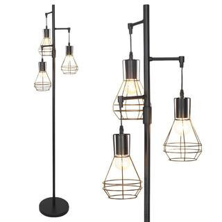 65 in. 3-Light Black Farmhouse Industrial Tree Floor Lamp Standing Lamp with Elegant Cage Shades | The Home Depot