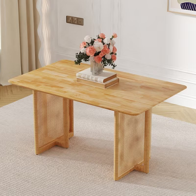 Okak Retro Wood Dining Table, Modern Imitation Rattan Dining Table for Dining Room, Living Room, Office, Wood | Target