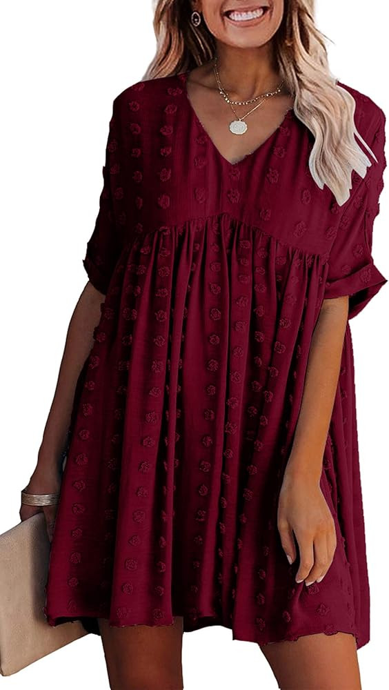 ECOWISH Women Summer Dress V-Neck Polka Dot Short Sleeve Casual Loose Flowy Swing Tunic Dresses | Amazon (US)