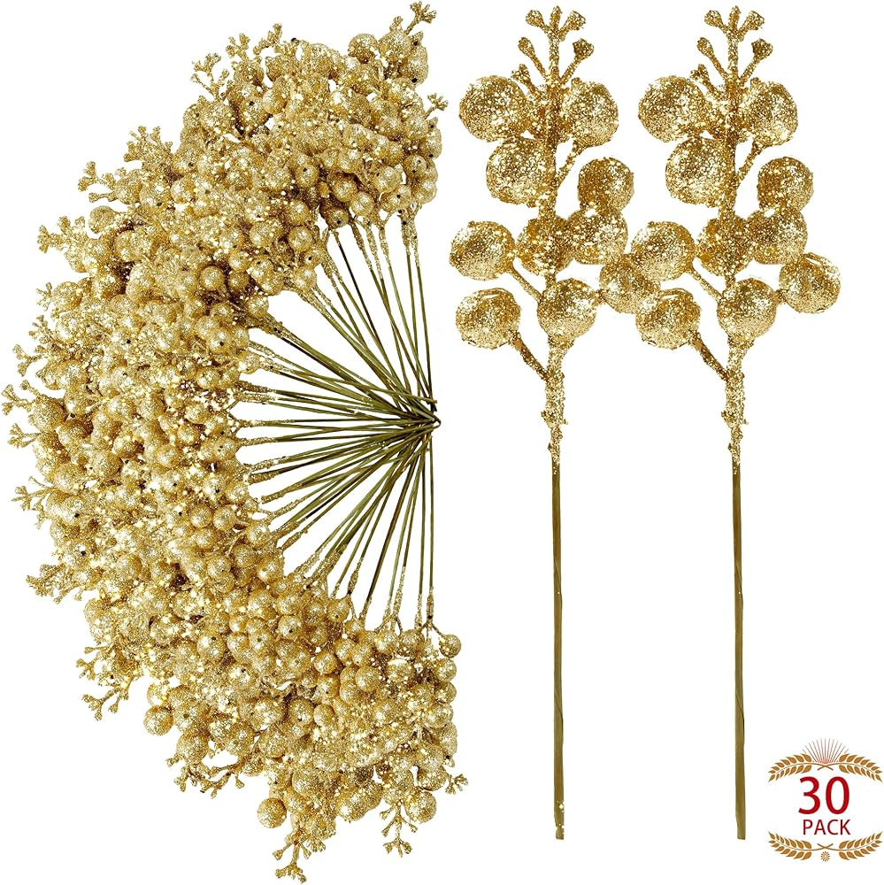 Sggvecsy 30Pcs Christmas Glitter Berries Stems Artificial Red Berry Branches Holly Picks Stems Ch... | Amazon (US)