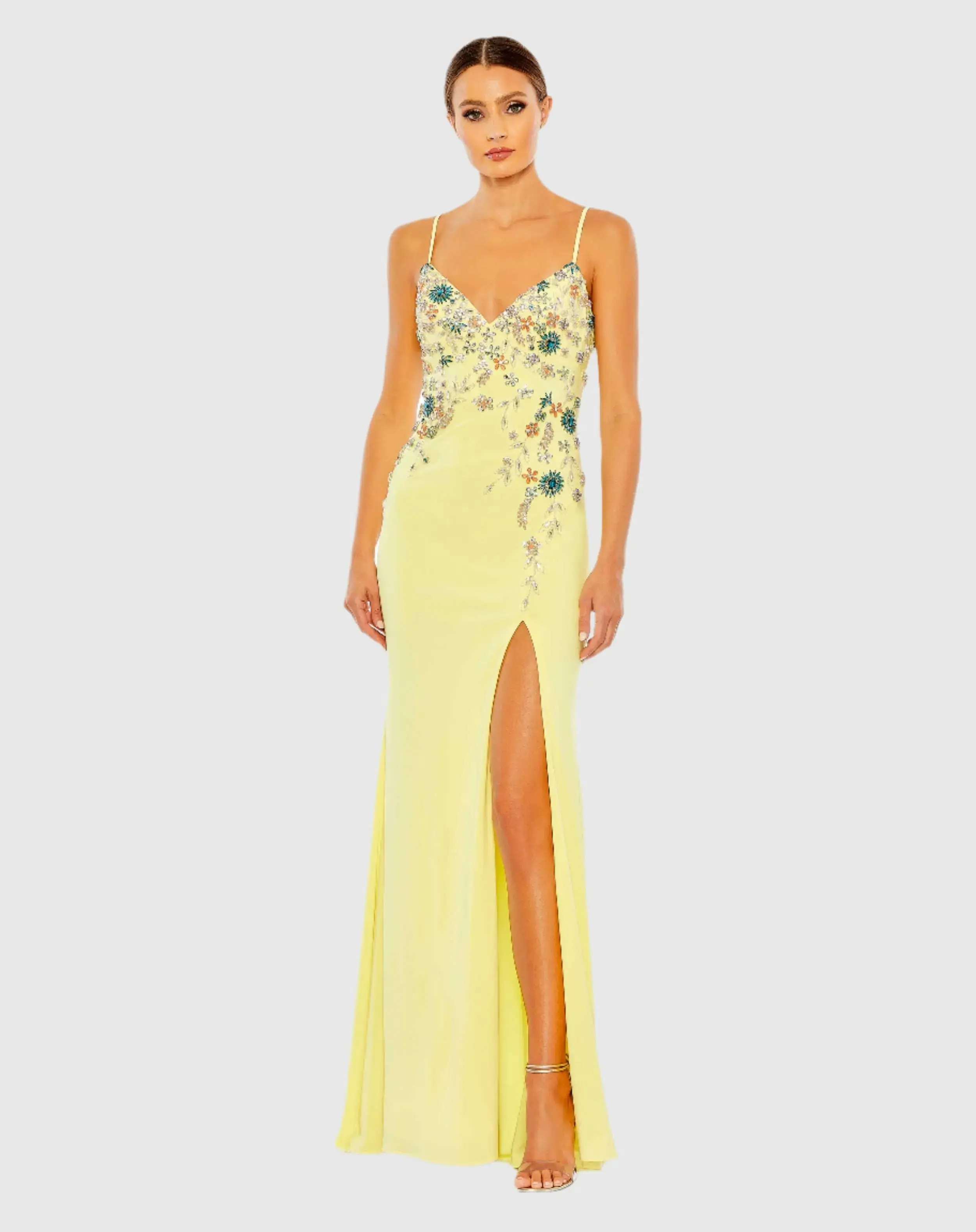 Yellow Multi Color Beaded Floral Cami Gown - Mac Duggal | Mac Duggal