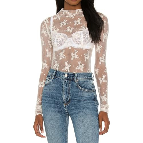 Women Mesh Sheer Lace Tops Long Sleeve See Through Layering Shirt Top Lace Floral Embroidery Going Out Tops Blouse (C White, S) | Amazon (US)