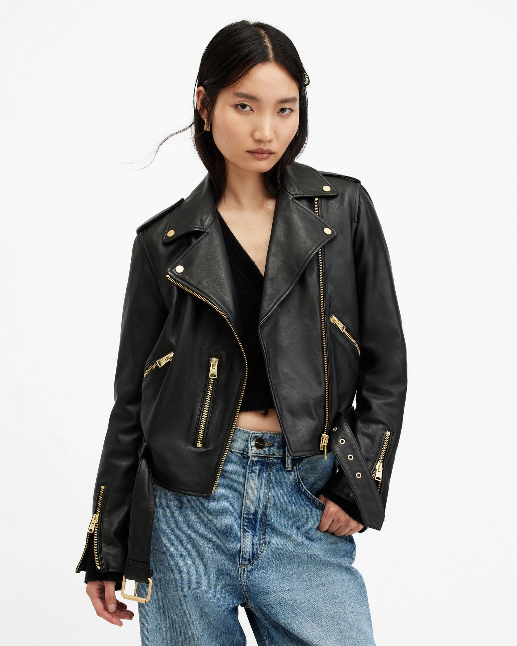 Balfern Belted Hem Leather Biker Jacket BLACK/GOLD | ALLSAINTS US | AllSaints US