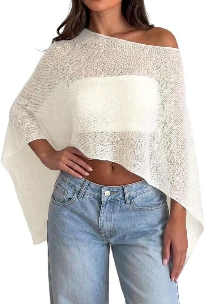 Womens Sheer Poncho Top Y2k Knitted Summer Asymmetrical Mesh Shawl Pullover Sweater Cover Up Tops | Amazon (US)