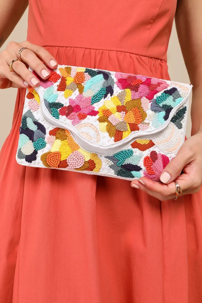 Vibrant Charm White Multi Beaded Embroidered Clutch | Lulus