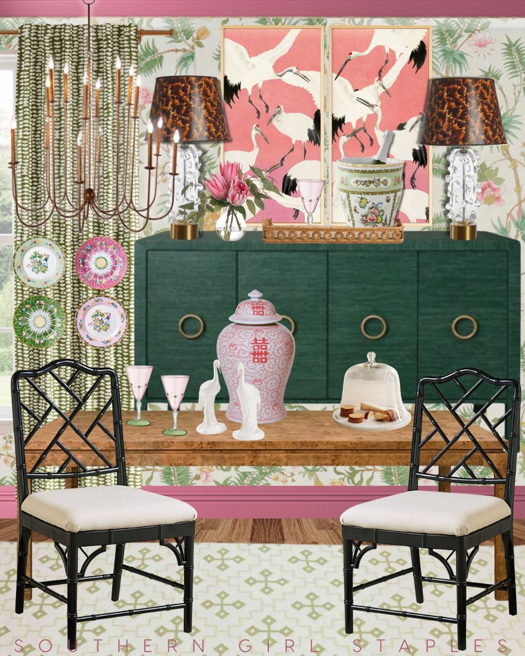 Chinoiserie charm meets southern hospitality! This dining room inspiration is full of bold color, timeless bamboo accents, and a touch of vintage whimsy — the perfect blend for a Southern Girl Staple style moment. I have been loving the crane prints and wanted to design a room around those! 

#LTKHome #LTKSeasonal #LTKFamily