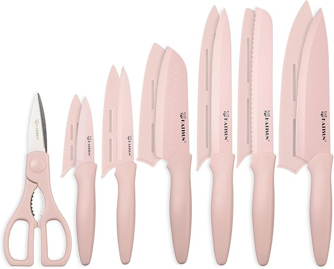 Kitchen Knife Set with Guards, 13 Piece Pink Non-Stick Boxed Knives Set, Anti-Rust and Dishwasher... | Amazon (US)