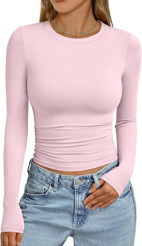Trendy Queen Womens Long Sleeve Shirts Crop Tops Fall Fashion 2026 Going Out Basic Winter Clothes | Amazon (US)