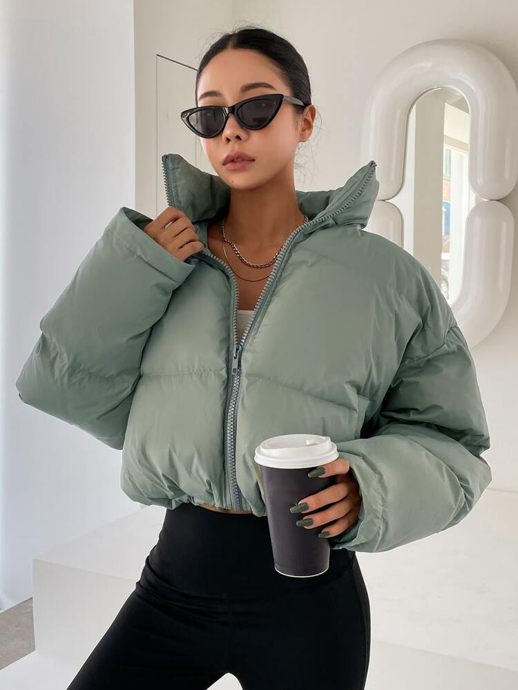 DAZY Drawstring Hem Drop Shoulder Zipper Puffer Coat | SHEIN