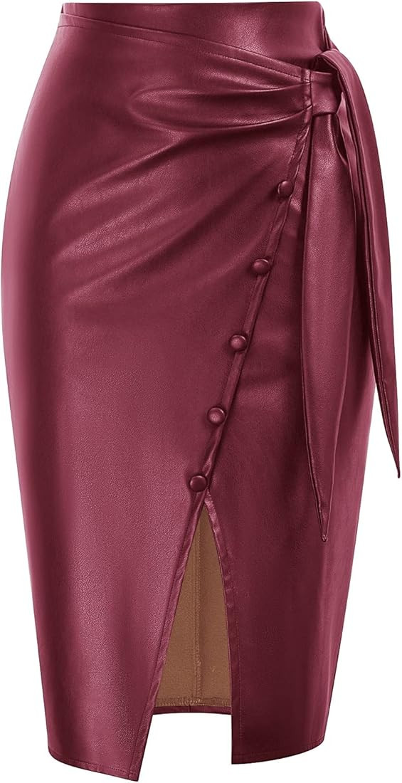 LIUMILAC Women Wrap PU Leather Skirt Split High Waist Midi Bodycon Pencil Skirt | Amazon (US)