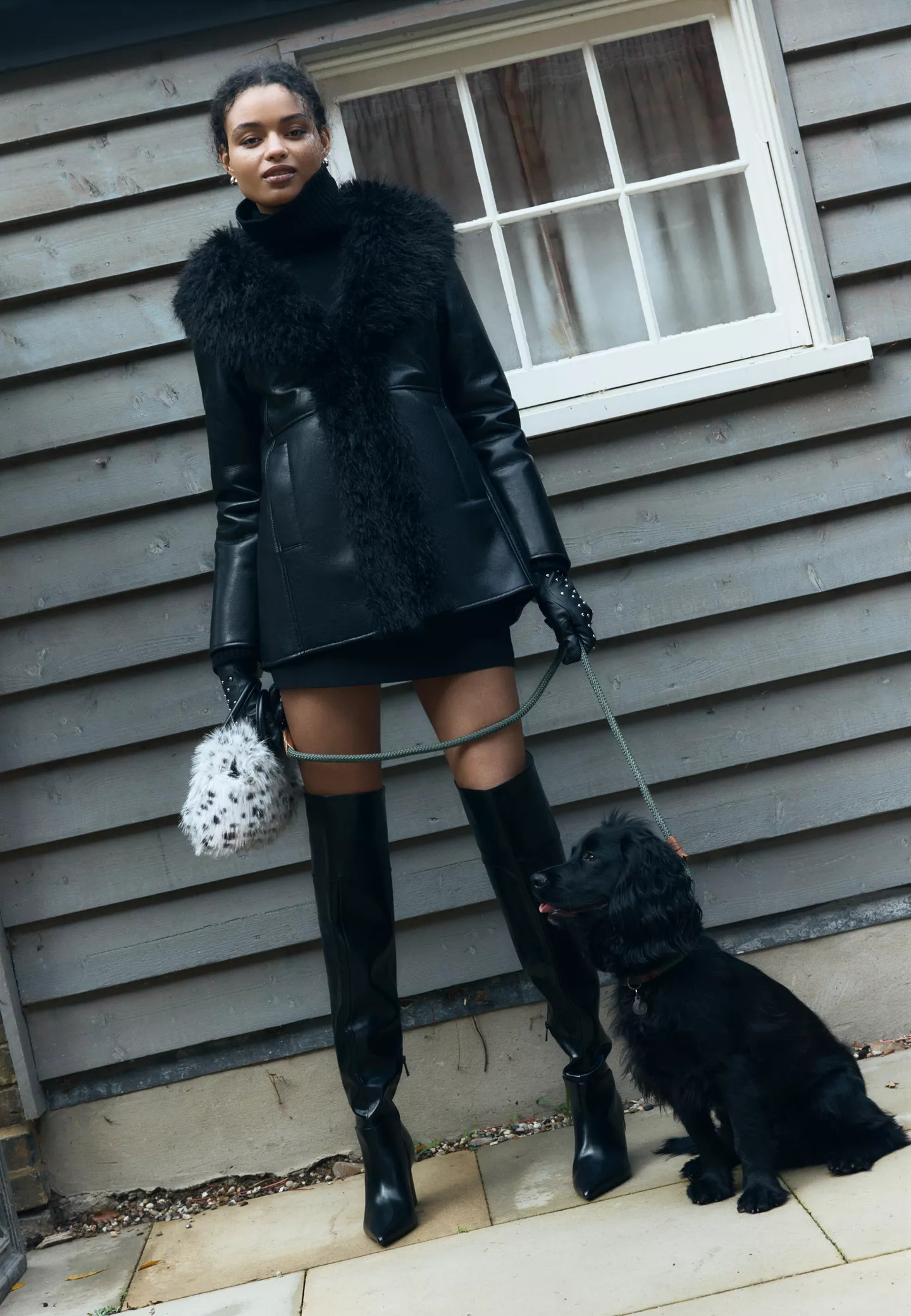 Mid-length leather effect coat with long faux fur | Stradivarius (UK)