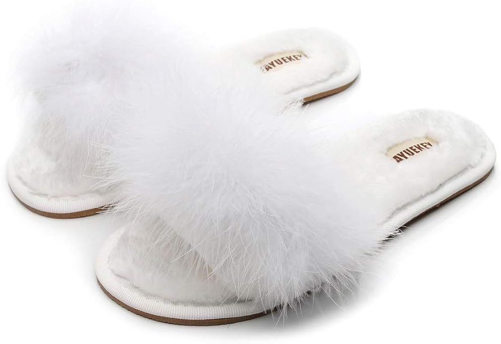 FAYUEKEY Fur Slippers for Women Summer Autumn Fluffy Furry Soft Plush Open Toe Slides Flats Shoes | Amazon (US)
