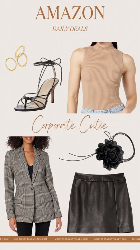 Shop my current fave Amazon Daily Deals: Corporate Cutie Edition 💼✨💄

plus size fashion, leather mini skirt, curvy, choker, blazer, neutral aesthetic, tan beige top, work wear, black strappy heels, work outfit inspo, gold jewelry, rings, style guide

#LTKplussize #LTKstyletip #LTKworkwear