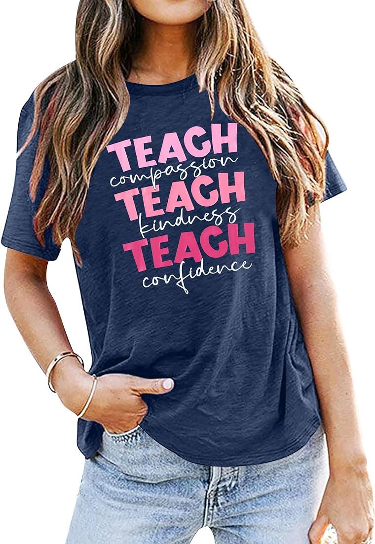 Teacher Shirts for Women Teach Compassion Kindness Confidence Letter Print Shirt Funny Inspiratio... | Amazon (US)