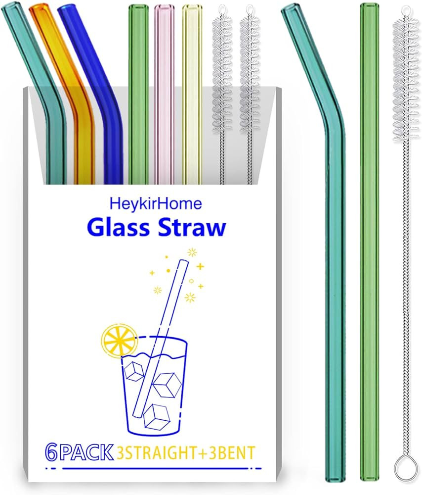 HeykirHome 6-Pack Reusable Glass Straw-Colorful, Size 8''x10 MM,Including 3 Straight and 3 Bent w... | Amazon (US)