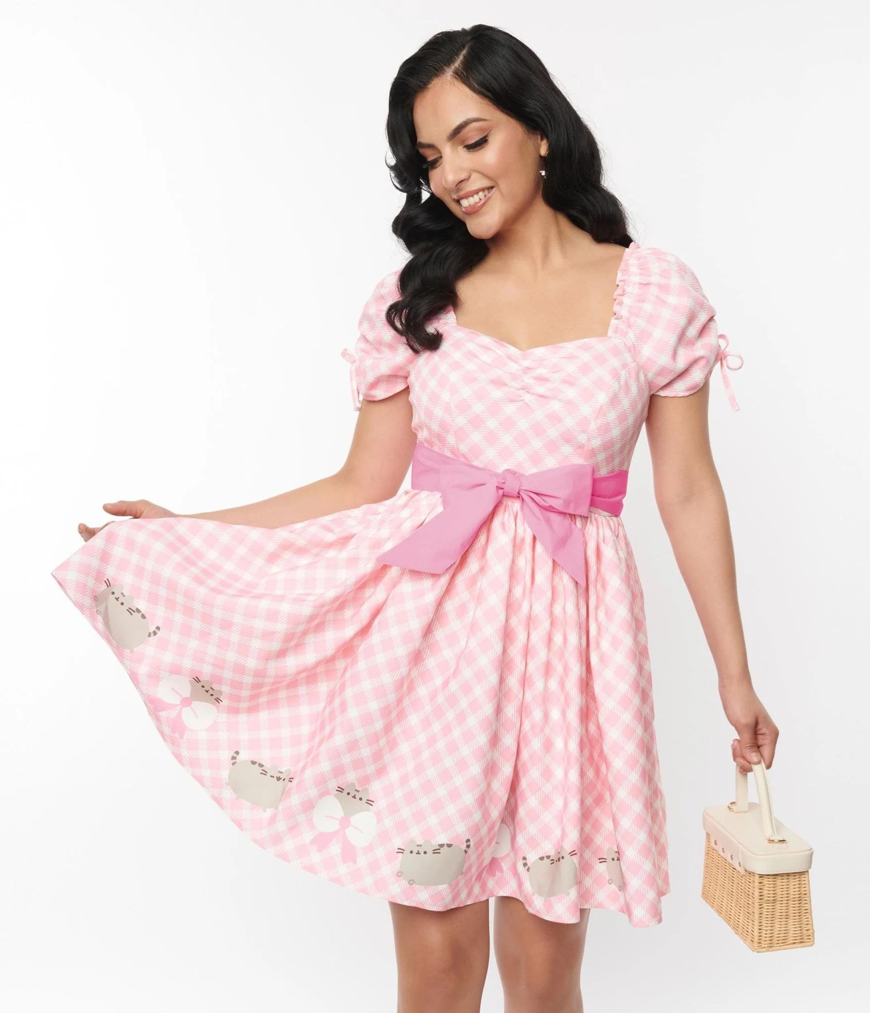 Pusheen x Unique Vintage Pusheen Pink Gingham Dakota Flare Dress | UniqueVintage