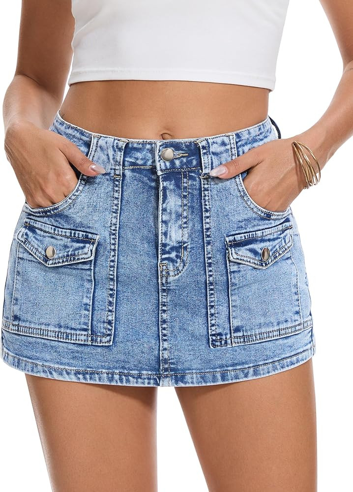 Cargo Jean Skirts for Women Denim Skort High Waisted Womens Mini Skirt with Shorts Y2k with 6 Poc... | Amazon (US)